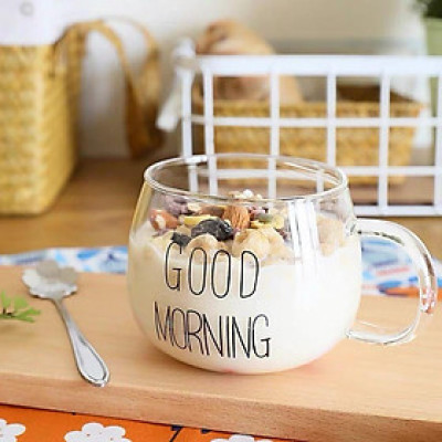 Cốc thủy tinh chịu nhiệt có quai cầm Good Moring - Cốc uống nước, ăn sáng ngũ cốc, uống trà,...