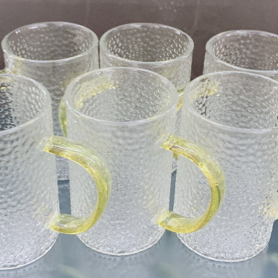 BỘ 6 CỐC THỦY TINH UỐNG NƯỚC CHỊU NHIỆT 350ml CRYSTAN CAO CẤP VÂN DẬP NỔI QUAI VÀNG  - ANTH413