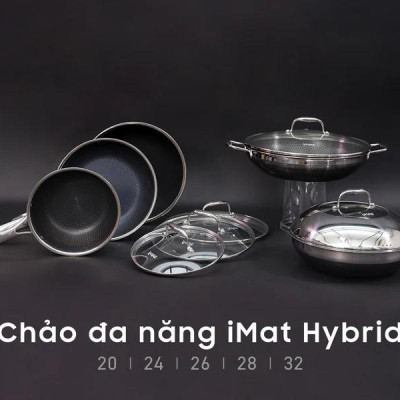 [Hàng chính hãng] Chảo xào/ đa năng sâu lòng inox iMat Hybrid Blackcube 20cm, Phủ chống dính Ceramic đen