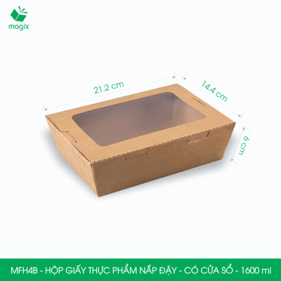 MFH4B - 1600ml - 25 hộp giấy kraft đựng thực phẩm, hộp giấy đựng thức ăn có cửa sổ, hộp đựng cơm