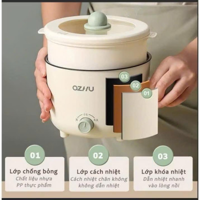 Nồi Lẩu Điện Mini Azhu 1.8L Đa Năng – 2 Nấc Nhiệt, Kèm Giá Hấp, Công Suất 600W