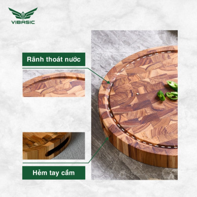 Thớt gỗ Teak Vibasic A80 phiên bản YÊU NƯỚC, thớt chặt ghép dựng block kích thước 320x38mm, khắc logo 80 năm 2/9