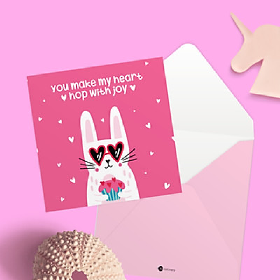 Thiệp tình yêu, Valentine, tỏ tình, SDstationery Hop With Joy, hình thỏ dễ thương vui nhộn, vuông 12x12 cm