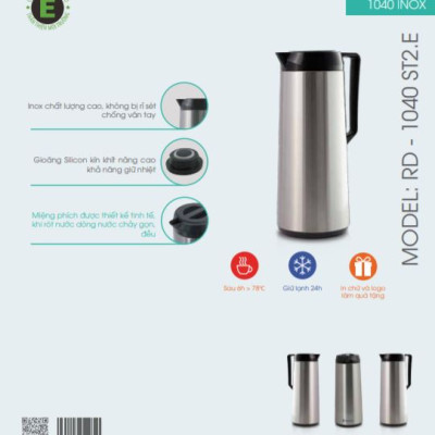 Phích pha trà giữ nhiệt 1 lít cao cấp Rạng Đông, thân inox, vai nhựa, Model: RD1040ST2.E - Chính Hãng