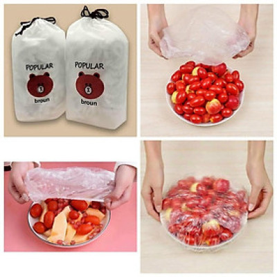 Set 100 màng bọc thực phẩm túi gấu Màng bọc thực phẩm PE có chun bọc đồ ăn co giãn tái sử dụng nhiều lần.