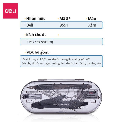 Set 8 Món Bộ Thước Kẻ Compa Eke Thước Đo Độ Tẩy Bút Chì Chuyên Dụng Cụ Học Tập Cho Học Sinh Deli - Đồ Dung Học Tập - 9591