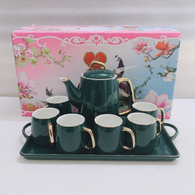 BỘ BÌNH TRÀ CÀ PHÊ KÈM KHAY SỨ CAMELIA  MÀU XANH CỔ VỊT VIỀN VÀNG CAO CẤP - ANTH411