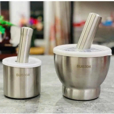 Cối chày inox 304  cao cấp đúc nguyên khối - Kèm nắp đậy , dùng giã hành tỏi, ớt, cua  , dày dặn, không bám mùi, dễ vệ sinh - Size 10cm
