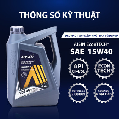 Dầu Nhớt Bán Tổng Hợp AISIN Econtech+ CI4/SL 15W40 4 Lít ECSI1544P - Nhập Khẩu Chính Hãng