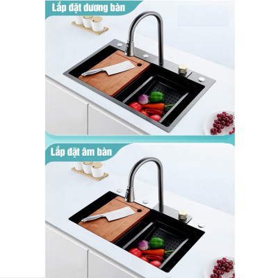 Bồn chậu rửa chén bát 1 hố lớn nano đen Valenza kèm vòi liền thác nước + vòi rút dây 3 chế độ, 2 khay phụ inox, thớt gỗ, bộ xả to-Hàng chính hãng