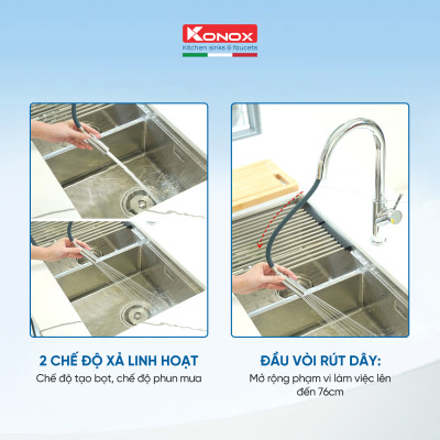 Vòi rửa bát kéo dây Konox, Model Ponte Chrome, 4 phiên bản màu, Bề mặt mạ PVD 5 lớp cao cấp, Lõi đồng tiêu chuẩn CW617N, Linh kiện phụ trợ dòng chảy nhập khẩu châu Âu, Bảo hành chính hãng 5 năm, Hàng chính hãng