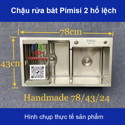 Chậu rửa chén bát inox 304 Pimisi đúc 2 hốc lệch, kích thước bồn rửa bát 78 x 43 - 82 x 45 cm làm từ thép không gỉ sus 304 đầy đủ xi phông loại to và kèm rổ đựng đồ dùng để rửa chén bát gắn được cả âm - dương bàn đá bếp | Hàng chính hãng