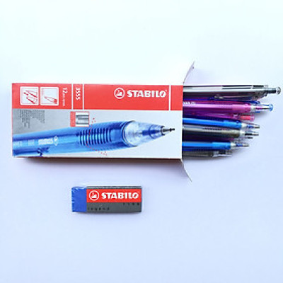 Hộp bút chì bấm STABILO - Hộp 12 bút nét 0.7mm + Tuýp 24 ruột 0.7 + Gôm tẩy ER198 (MP3557/12R+)