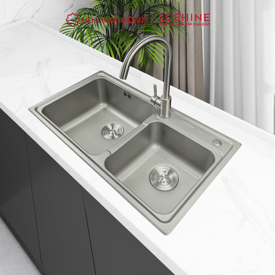 Bộ chậu rửa chén INOX 304 LUSHINE D005 công nghệ dập liền khối, bề mặt Nano xám sang trọng, chống xước bền bỉ - Hoa Sen Home - Hàng chính hãng