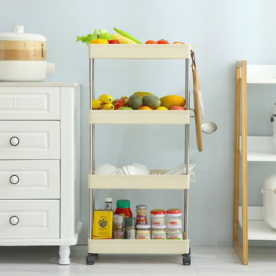 Kệ đựng đồ 4 tầng có bánh xe, giá để đồ 4 ngăn có bánh xe xoay 360 độ, xe để đồ 4 tầng
