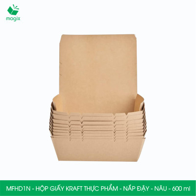 MFHD1N - Combo 100 hộp giấy kraft thực phẩm 600ml, hộp đựng thức ăn nắp đậy màu nâu, hộp gói đồ ăn mang đi