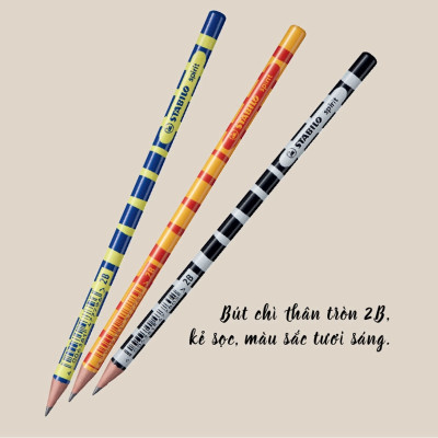 Bộ bút chì gỗ STABILO spirit 419 2B thân tròn - Bộ 6 bút (3 màu x2) + Gôm tẩy ER198 (PC419-C6+)