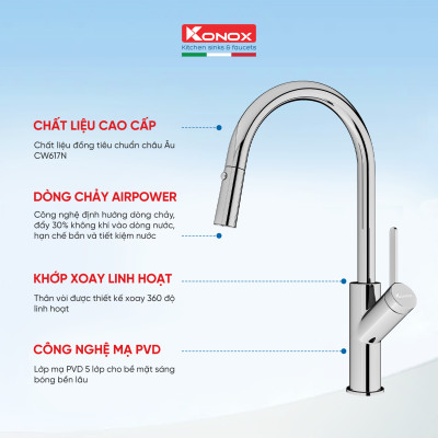 Vòi rửa bát kéo dây Konox, Model Ponte Chrome, 4 phiên bản màu, Bề mặt mạ PVD 5 lớp cao cấp, Lõi đồng tiêu chuẩn CW617N, Linh kiện phụ trợ dòng chảy nhập khẩu châu Âu, Bảo hành chính hãng 5 năm, Hàng chính hãng