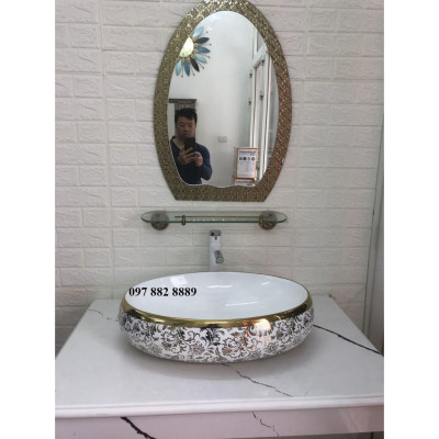 Chậu rửa mặt, Lavabo hoa văn elip vàng cao cấp nhập khẩu chính hãng GROVES 065C (đẹp, sang trọng quý phái, sáng bền với thời gian)