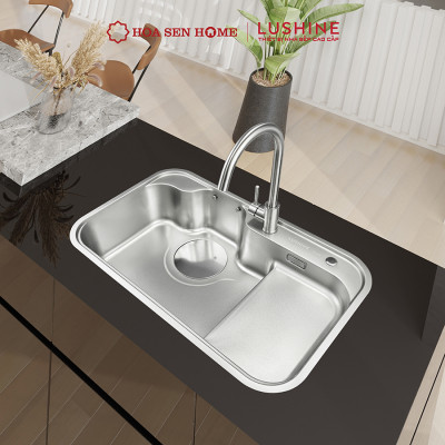 Bộ chậu rửa chén INOX 304 LUSHINE D002 thiết kế hai ngăn, bề mặt Nano Linen chống xước bền bỉ - Hoa Sen Home - Hàng chính hãng