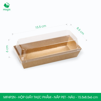 MFHP2N - 15.5x8.5x6 cm - 100 hộp giấy kraft thực phẩm màu nâu nắp Pet, hộp giấy chữ nhật đựng thức ăn, hộp bánh nắp trong