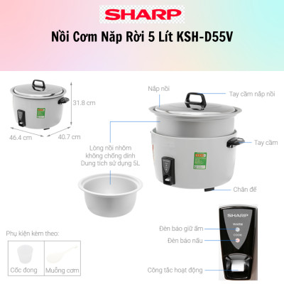 Nồi Cơm Điện Nắp Rời Sharp KSH-D55V (5 Lít)/KSH-D77V (7 Lít) - Trắng - Hàng chính hãng - Bảo Hành 12 Tháng