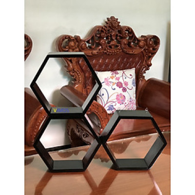Bộ 3 kệ trang trí treo tường tổ ong hình lục giác bằng gỗ tự nhiên cao cấp VIMOS