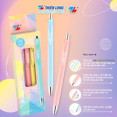 Bút mực nước gel B màu Pastel Thiên Long Pazto GEL-B015 - Mực xanh (5 cây)- Viết êm trơn