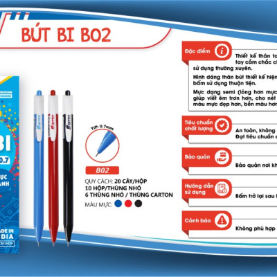 Bút bi Bitex (0.7mm) B02 - Xanh, đỏ, đen (20 cây/hộp)