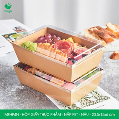 MFHP4N - 20.5x15x6 cm - 25 hộp giấy kraft thực phẩm màu nâu nắp Pet, hộp giấy chữ nhật đựng thức ăn, hộp bánh nắp trong