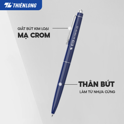 Combo 5/10/20 Bút bi Thiên Long TL-031 ngòi 0.5mm mực xanh đỏ đen giắt kim loại mạ crom kiểu dáng hiện đại, thân bút thon dài