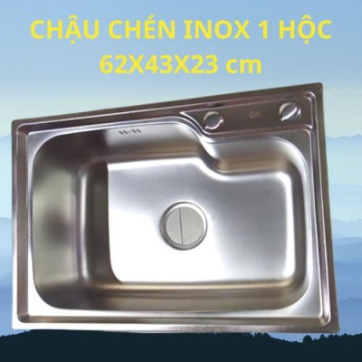 Chậu chén inox 1 hộc kích thước 62x43x23 cm (đầy đủ bộ xả)