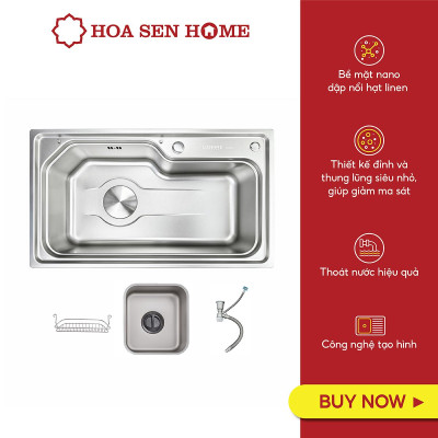 Bộ chậu rửa chén INOX 304 LUSHINE D001 chống ồn, chống hôi, bề mặt Nano Linen chống xước bển bỉ - Hoa Sen Home - Hàng chính hãng