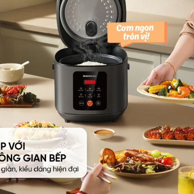 Nồi cơm điện tử 1.5L Sunhouse SHD8825 - 700W, 6 chức năng, Hẹn giờ nấu 24h, Chống dính Daikin 2 lớp, Lòng nồi 1.2mm - Hàng chính hãng