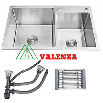 Chậu rửa chén bát inox Valenza 8245 hai hố lệch, kèm bộ xiphong xả chậu, rá inox đa năng