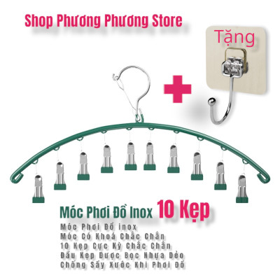 Combo Móc phơi quần áo inox có khóa móc treo chắc chắn - 10 kẹp được phủ nhựa chống sầy xước khi phơi đồ ( tặng móc dán inox to ) Hàng Cao Cấp