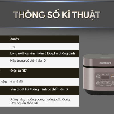 Nồi Cơm Điện Tử BlueStone RCB-5946 - Dung Tích 1,5 lít  - Công suất 860W - Lòng nồi phủ chống dính cao cấp an toàn sức khỏe - 6 chế độ cài đặt sẵn - Bảo hành 2 năm - Hàng chính hãng