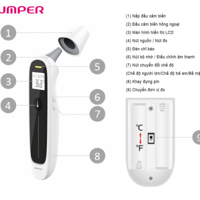 Nhiệt kế điện tử hồng ngoại không tiếp xúc, đo trán và tai 4 in 1 Jumper JPD-FR302  (FDA Hoa Kỳ + xuất USA)