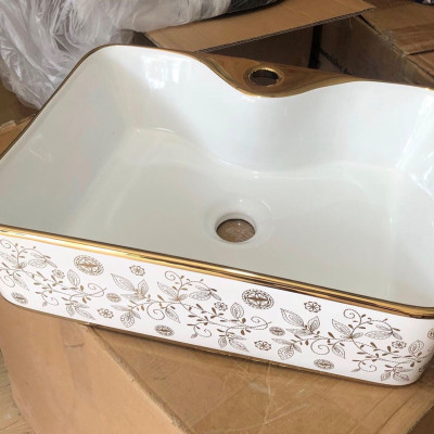 CHẬU RỬA MẶT, LAVABO TRẮNG HỌA TIẾT VÀNG VIỀN VÀNG NHẬP KHẨU CHÍNH HÃNG GROVES CAO CẤP 8170HB