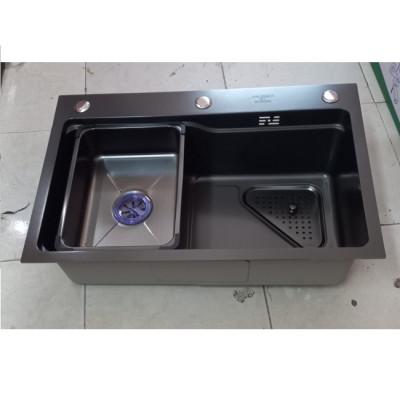 Chậu rửa bát 1 hố 6845 Valenza inox 304 nano đen dày 3li kèm khay đựng, bộ xả, rổ lnox lỗ-Hàng đẹp