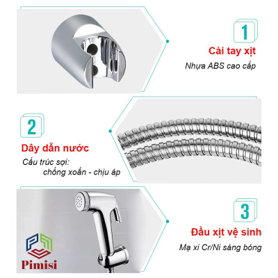 Vòi Xịt Vệ Sinh Bồn Cầu Toilet Trong Nhà Tắm Tăng Áp Pimisi Chịu Áp Lực Nước - Mạ Xi Inox Sáng Bóng Từ Tay Xịt Và Dây Mềm Cao Cấp | Hàng Chính Hãng