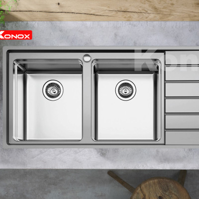 Chậu rửa bát Konox, European Series, Model Premium KS11650 2B , Inox 304AISI tiêu chuẩn châu Âu, 1160x500x215(mm), Hàng chính hãng
