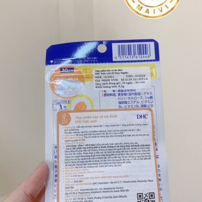 Thực phẩm bảo vệ sức khỏe DHC Folic Acid 30 day (HÀNG CHÍNH HÃNG, CÓ TEM PHỤ )
