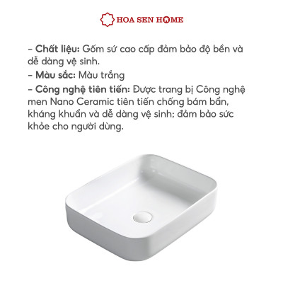 Lavabo đặt bàn TUSLO L005 chất liệu gốm sứ tráng men, lớp phủ Ceramic công nghệ men Nano kháng khuẩn - Hoa Sen Home - Hàng chính hãng
