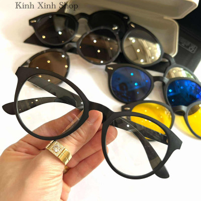 Kính Cận Râm Nhiều Tròng 6in1 Đa Năng Dáng Mắt Tròn Gọng Nhựa Màu Đen Thiết Kế Đơn Giản Cho Nam Nữ