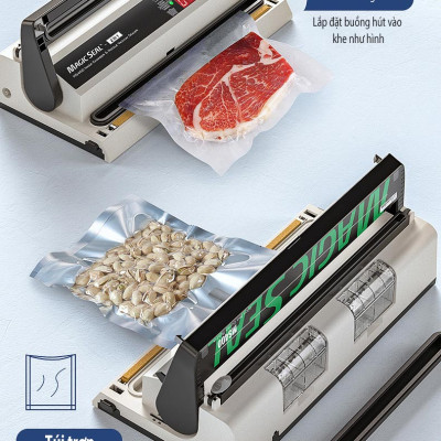 Máy hút chân không thực phẩm Magic Seal MS400 không kén túi, hút khô và hút nước, mối hàn dính lớn 8mm kín kẽ, hút mạnh mẽ, tự động và bán tự động, hàng chính hãng