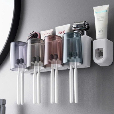 Bộ Nhả Kem Đánh Răng Tự Động Cao Cấp Kèm 4 Cốc – Kệ Để Bàn Chải Gắn Tường