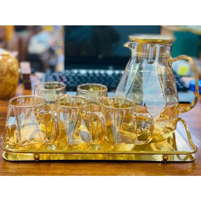 Combo bình đựng nước uống thủy tinh chịu nhiệt cao cấp kèm khay inox mạ vàng, xanh