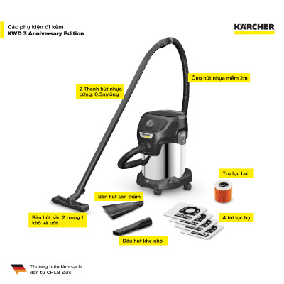 [BẢN KỶ NIỆM GIỚI HẠN] Máy hút bụi đa năng khô và ướt Karcher KWD 3 S Anniversary - Sản xuất châu Âu - Công suất 1000W - Hàng Chính Hãng