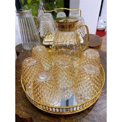 Combo bộ bình uống nước thủy tinh chịu nhiệt cao cấp kèm 6 cốc, giá úp và khay